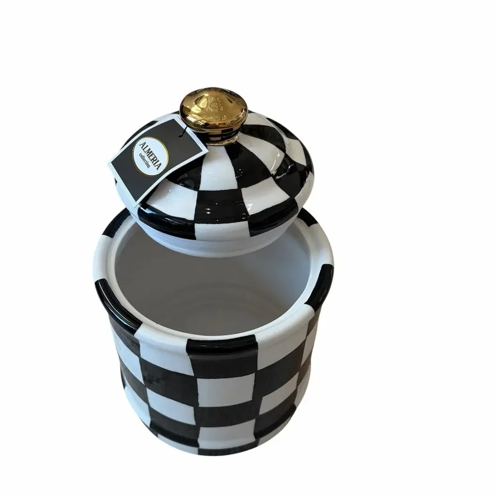 Almeria Checkered Ceramic Canister w/ Lid Black & White 8.5x6 NEW